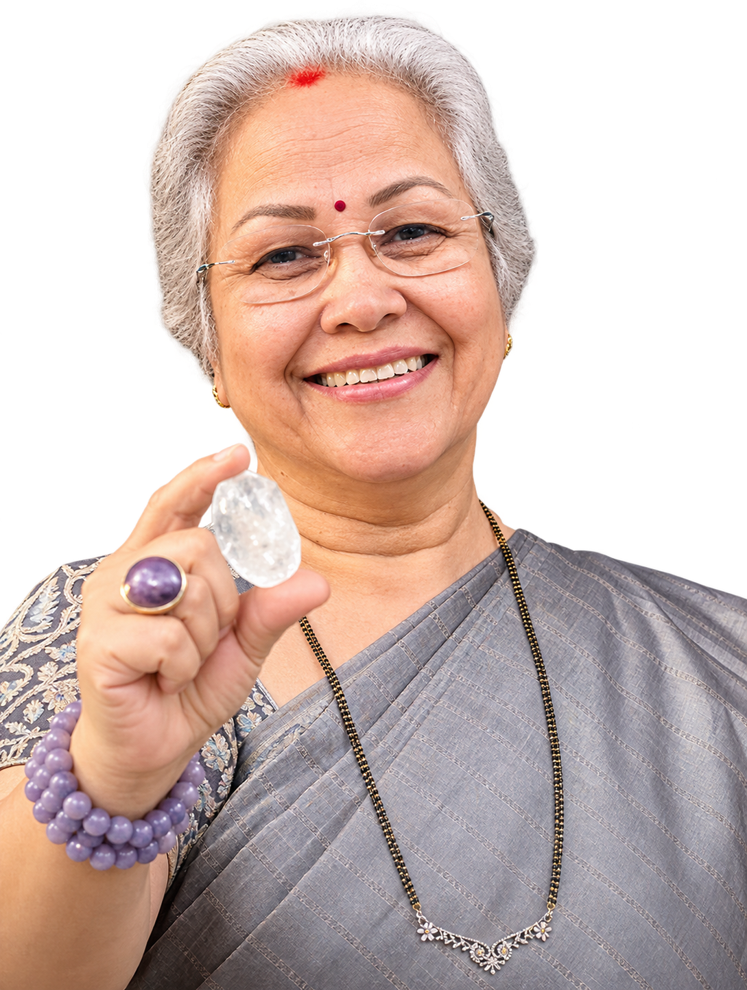 Sharda Karve holding a clear crystal