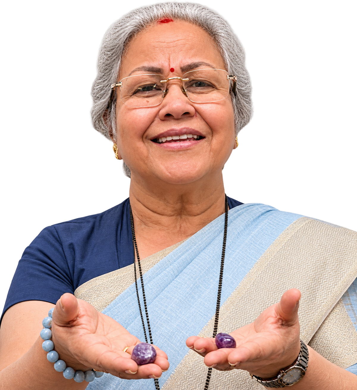 Sharda Karve offering two healing crystals